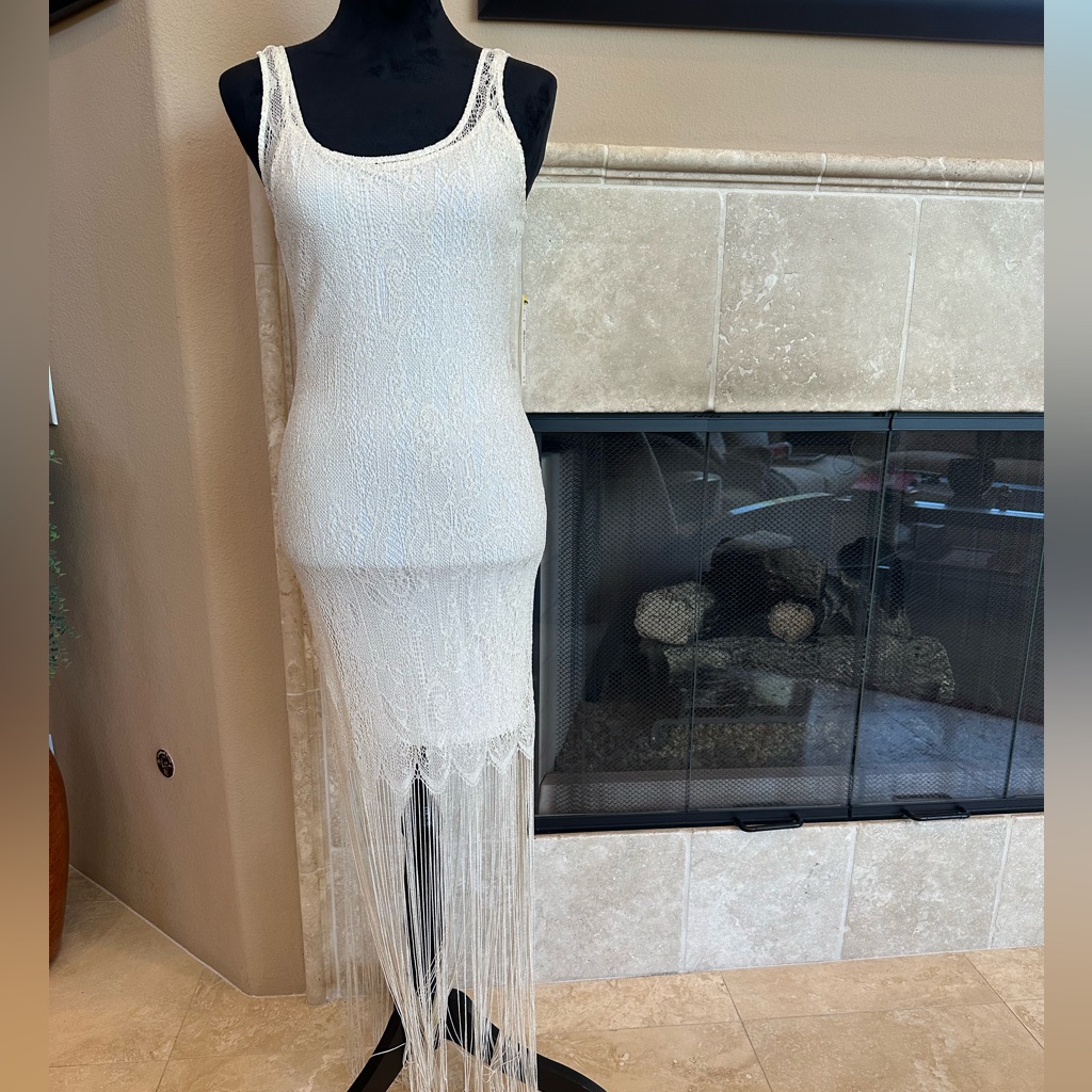 Alice & Olivia Lace & Fringe Dress, Cream/Metallic Nwt Size 4